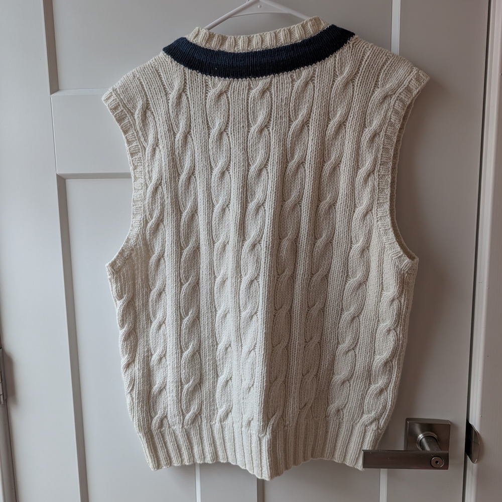 HAND KNIT - Ralph Lauren Cream Cable V-Neck Sweater Vest with Navy Trim - Picture 5 of 5